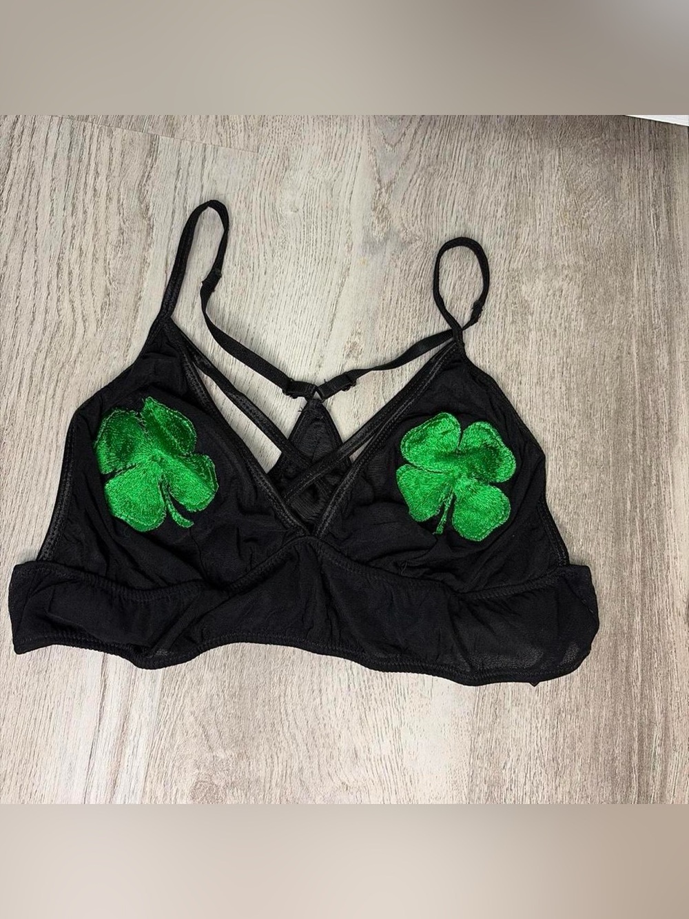 Spencer's Black Bralette with Green Shamrock Patches